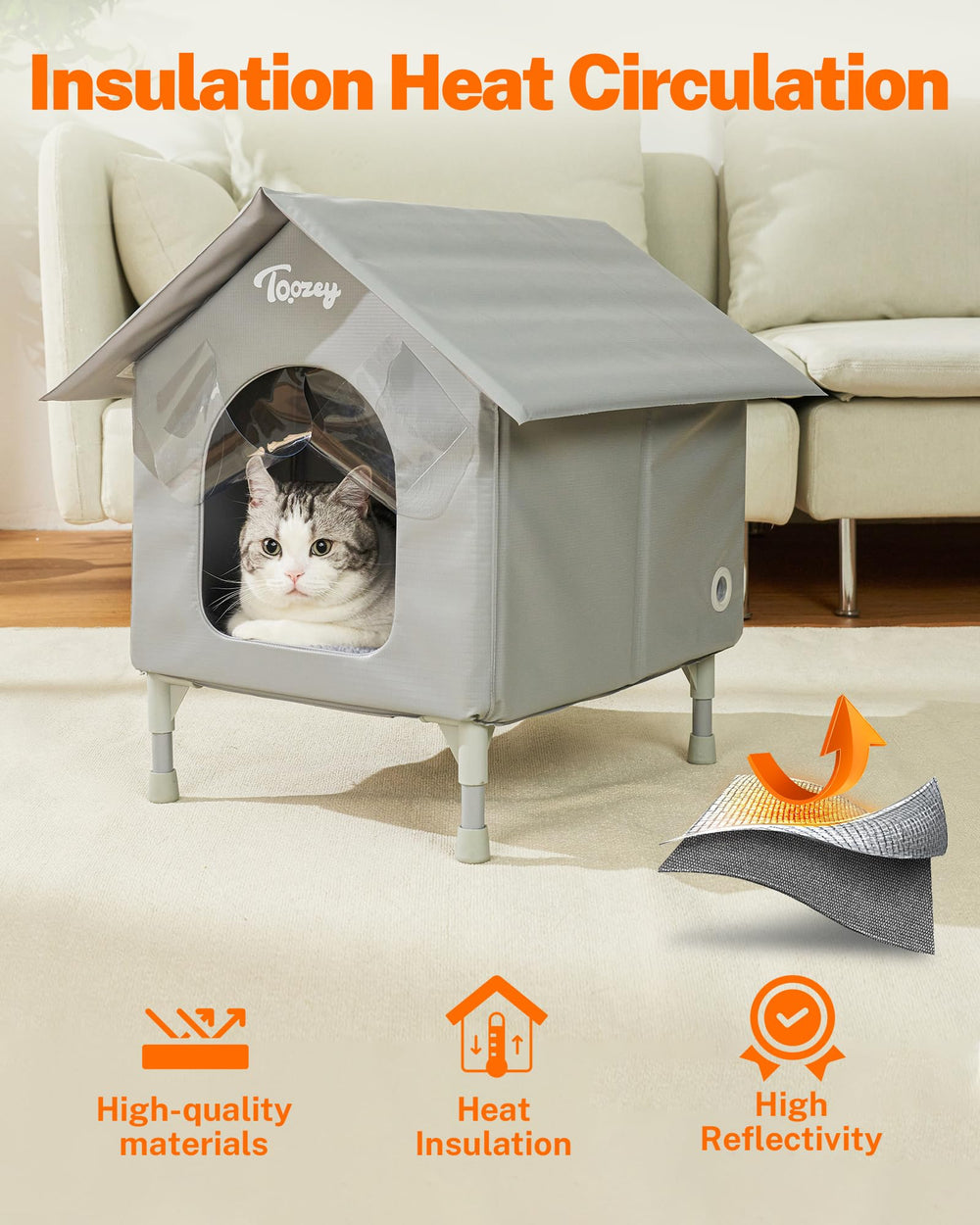 Toozey elevated-base cat house raises shelter above ground for snow and moisture protection.