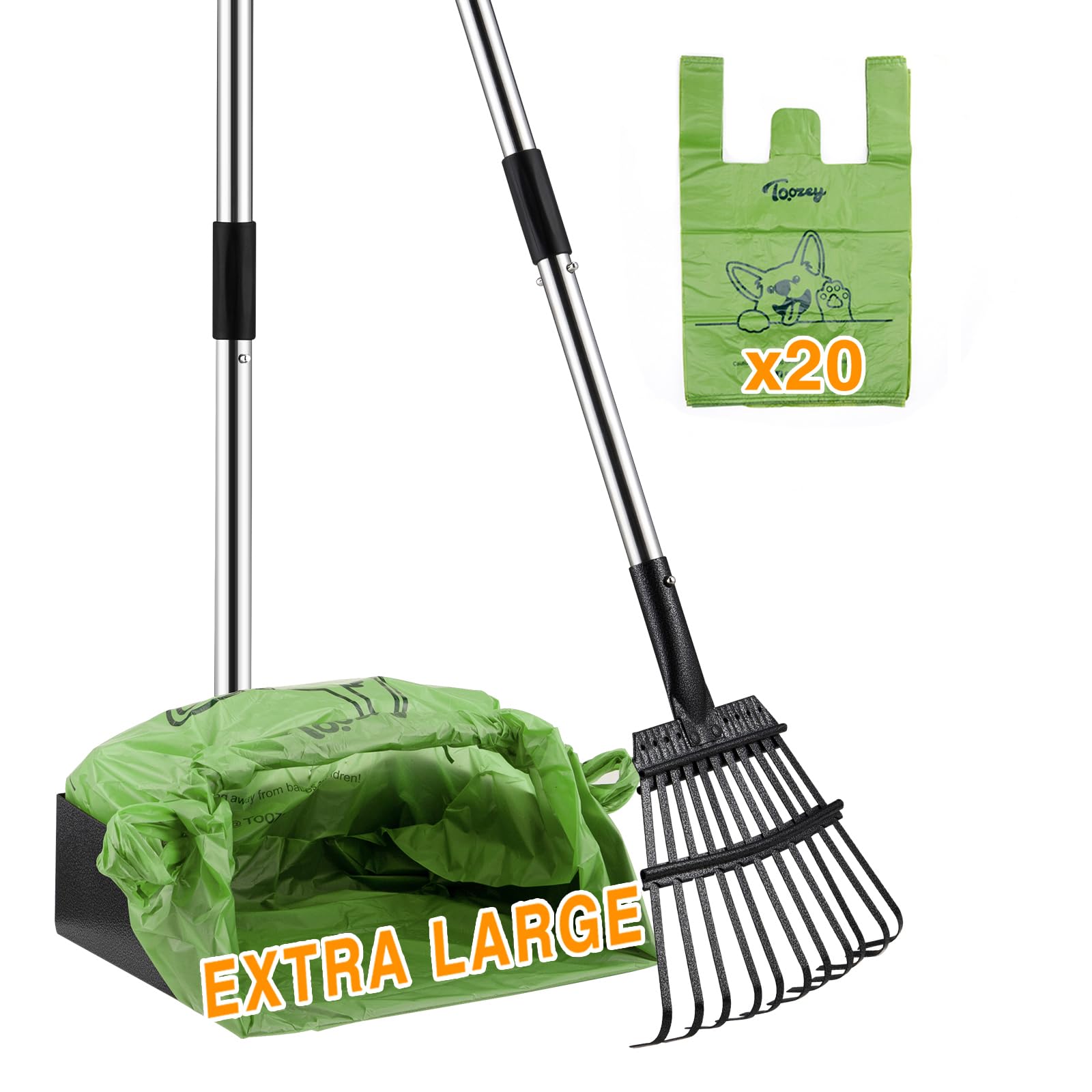 Toozey unbreakable dog pooper scooper with extra-large tray for quick cleanup.