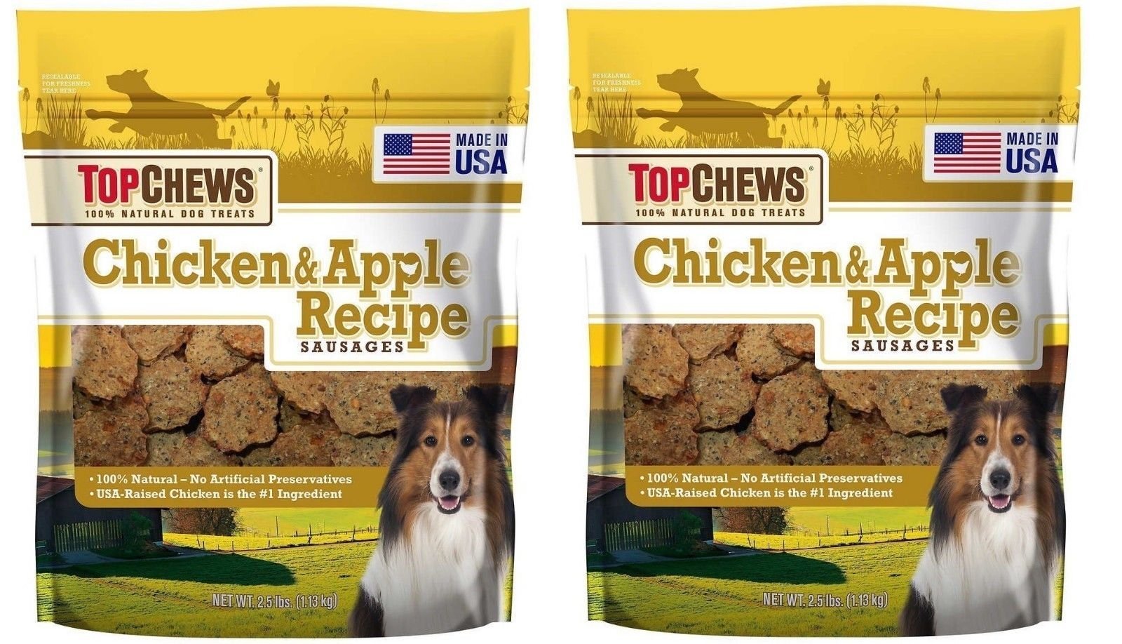 Top Chews Chicken & Apple Sausages 2Pack image shows natural dog treats featuring chicken and apple, USA-made.