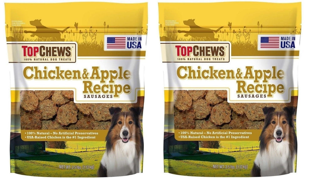 Top Chews Chicken & Apple Sausages 2Pack image shows natural dog treats featuring chicken and apple, USA-made.