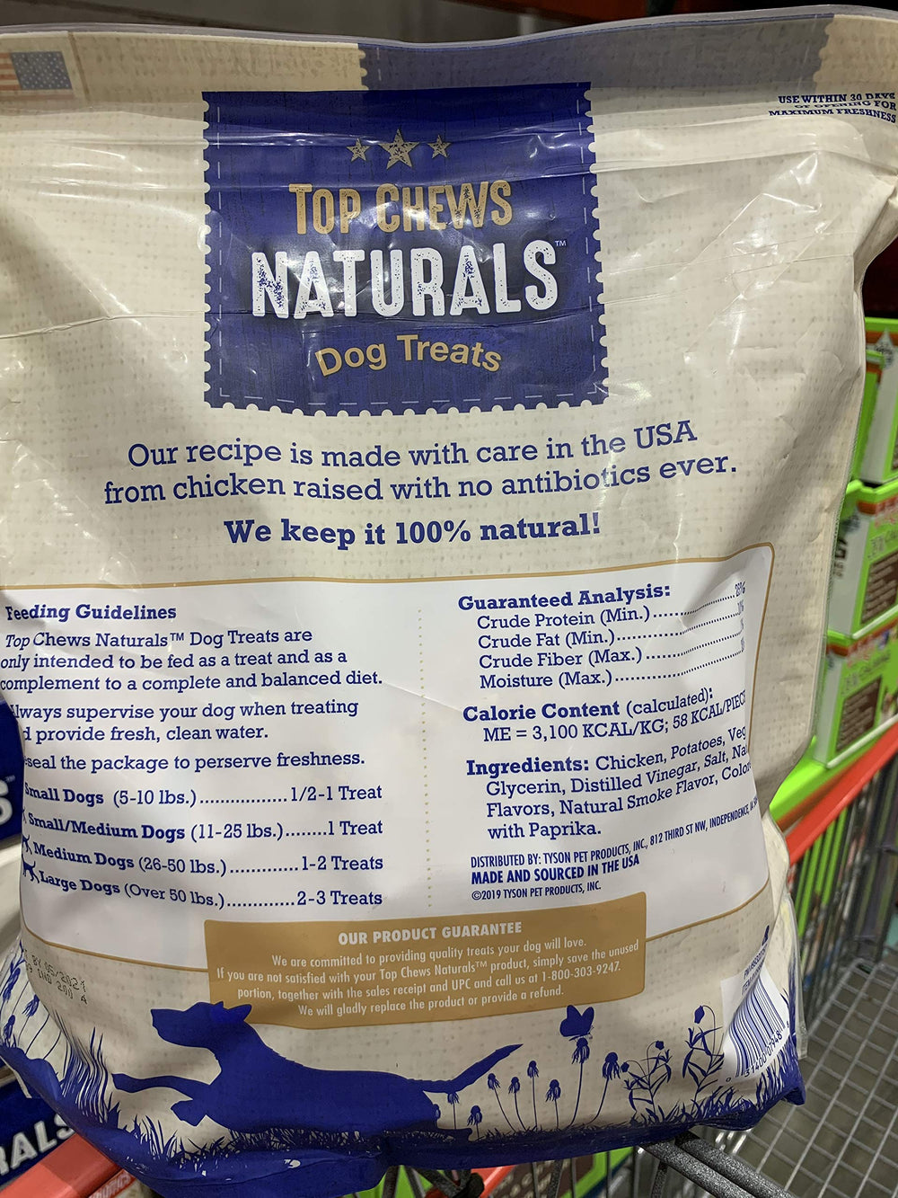 Top Chews Chicken Jerky packaging close-up highlighting the natural, meat-forward recipe.