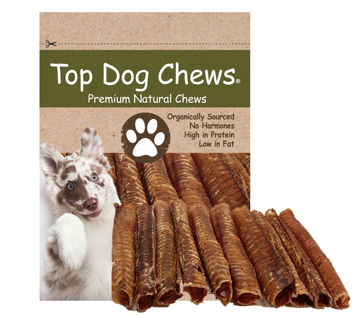 Top Dog Chews 12-inch beef trachea pack showing a natural, protein-rich chew.