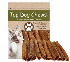 Top Dog Chews 12-inch beef trachea pack showing a natural, protein-rich chew.
