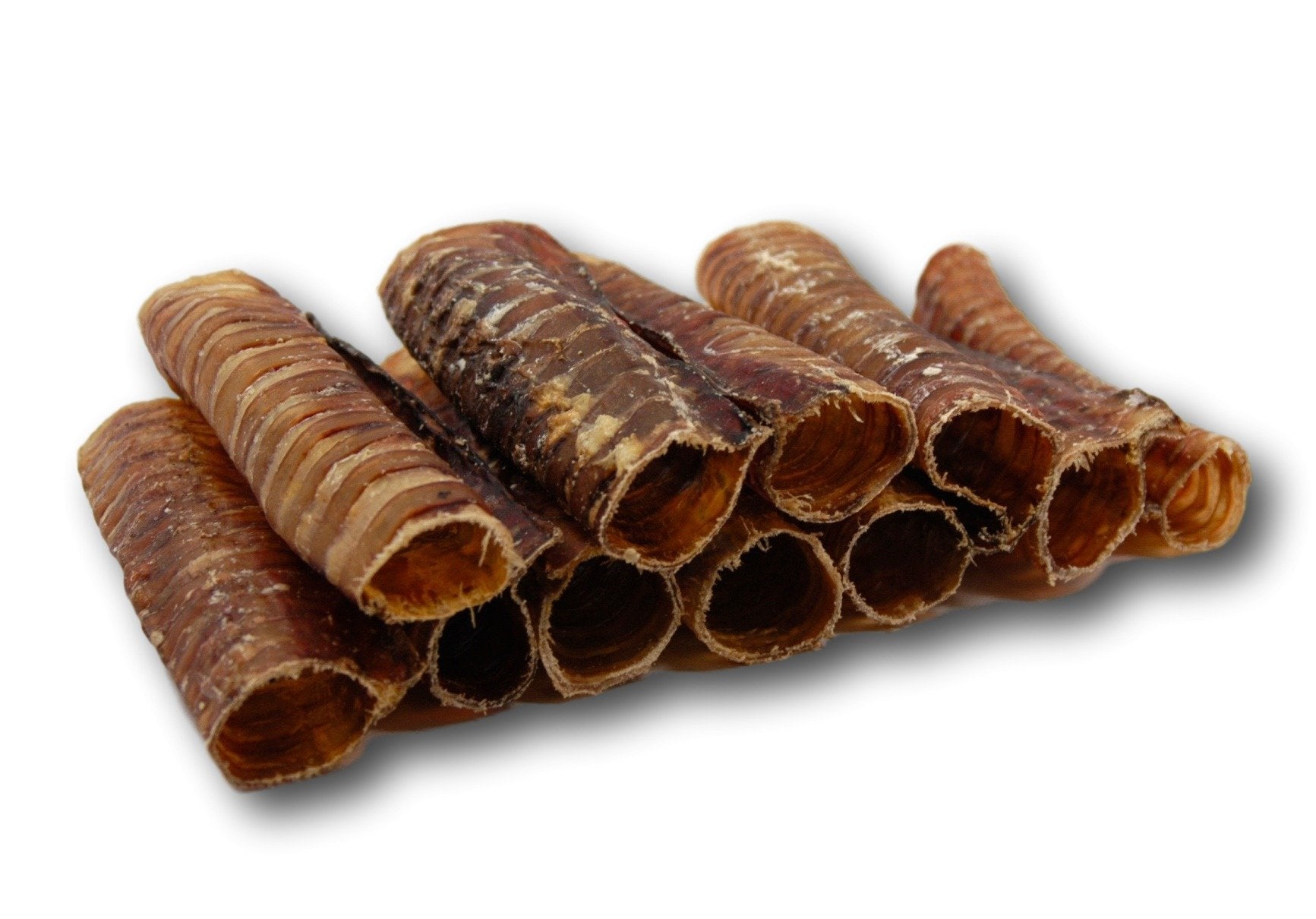 Top Dog Chews 6-inch beef trachea dental-action close-up illustrating tartar-scraping texture.
