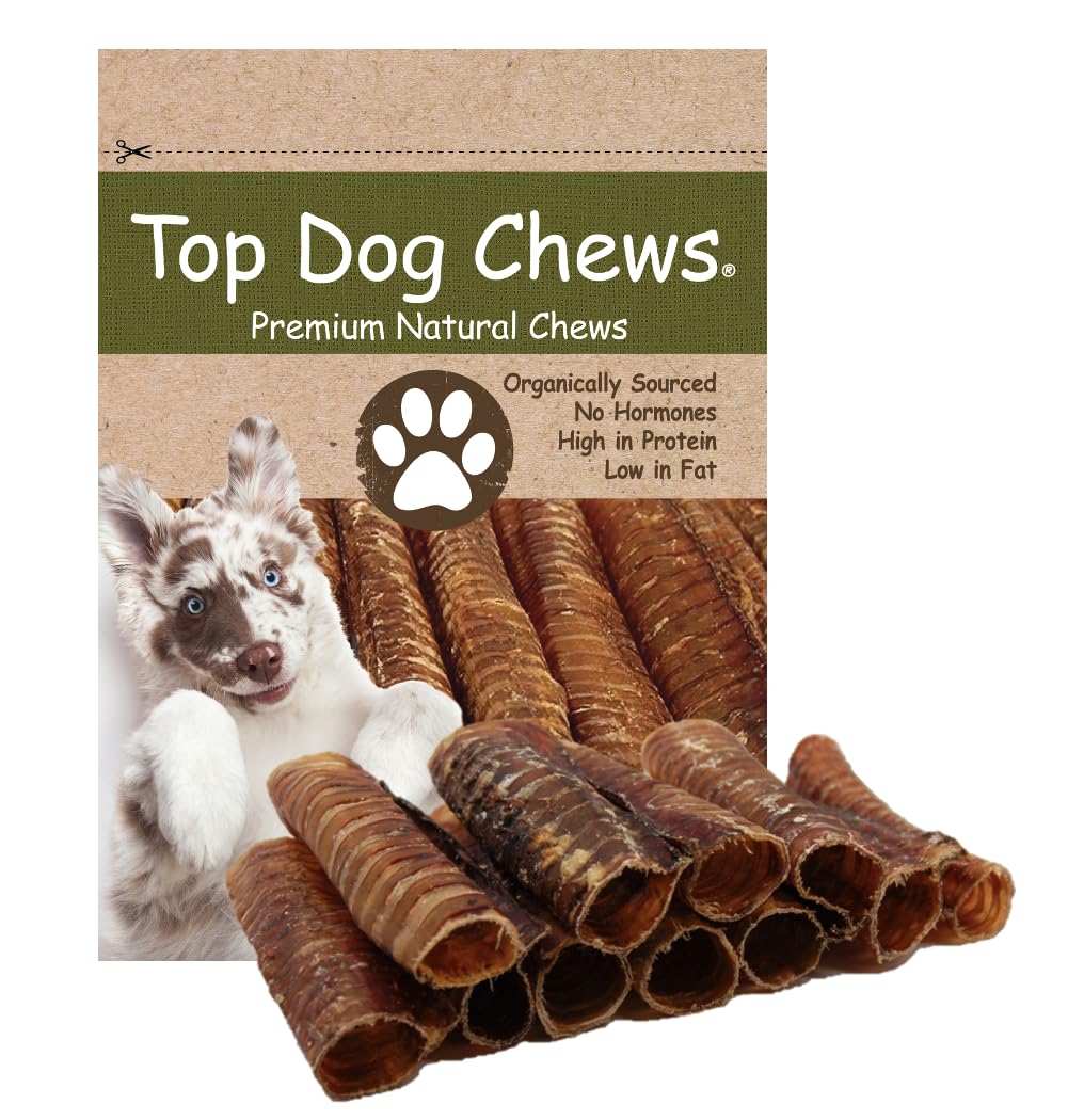 Top Dog Chews 6-inch beef trachea packfront highlights dental-friendly, all-natural chew.