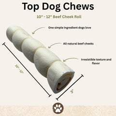 Top Dog Chews beef cheek rolls closeup texture shows natural chew source