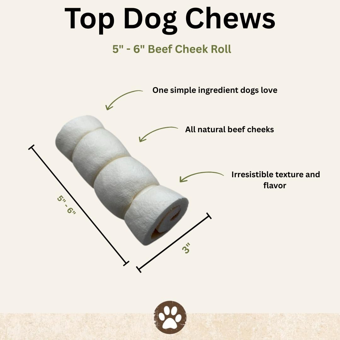 Top Dog Chews beef cheek rolls closeup texture—thick, natural chew.