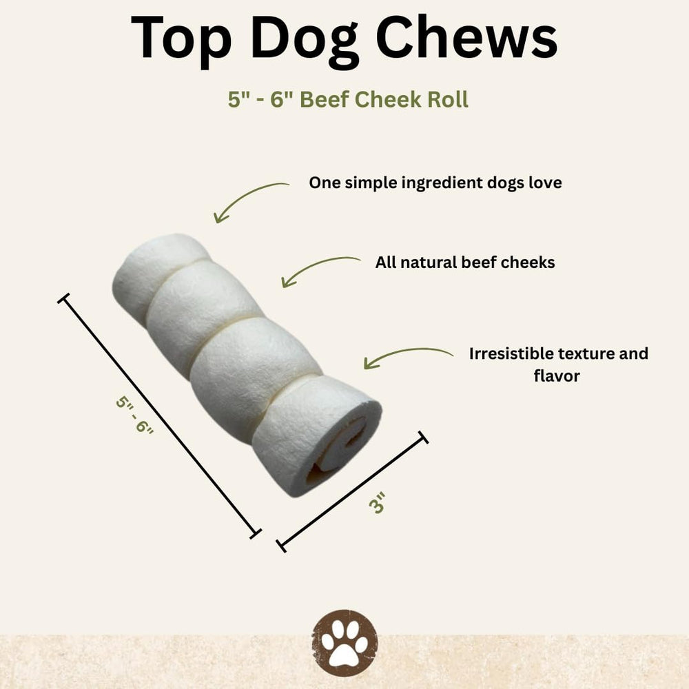 Top Dog Chews beef cheek rolls closeup texture—thick, natural chew.