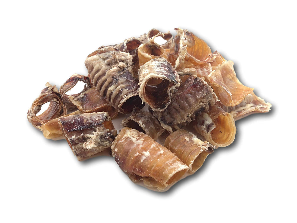 Top Dog Chews beef trachea chips closeup highlights crunchy texture for satisfying chews.