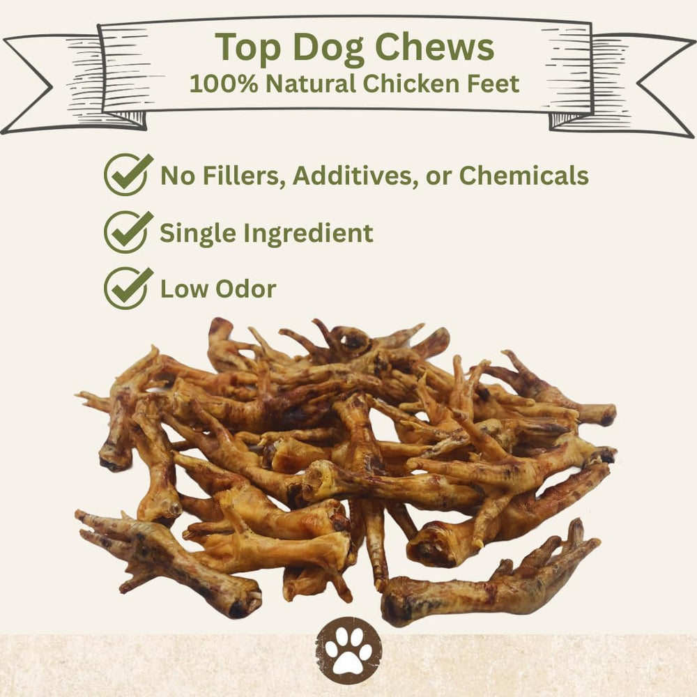 Top Dog Chews chicken feet close-up texture emphasizes crunch for dental care