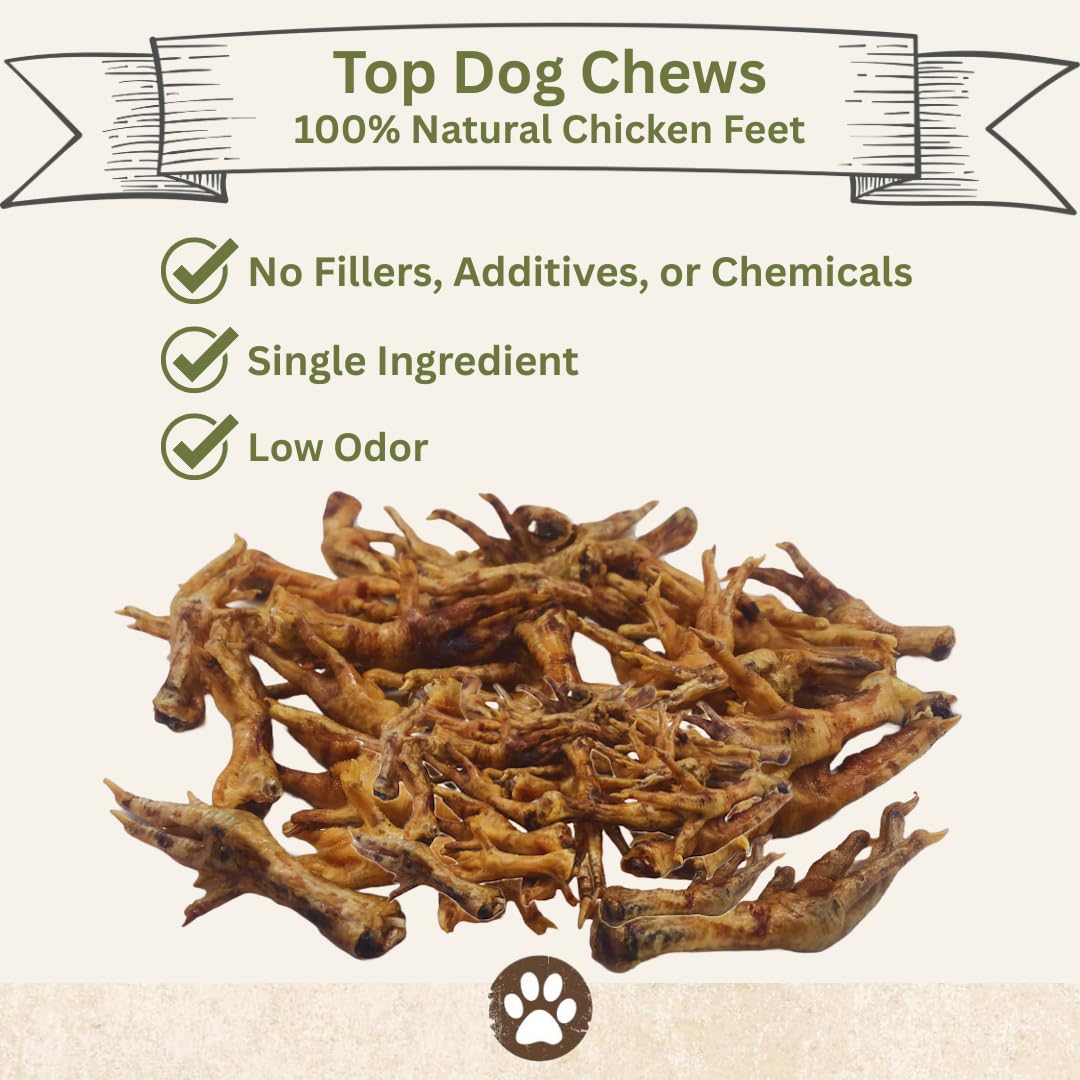 Top Dog Chews Dehydrated Chicken Feet nails-removed closeup showing safe chewing