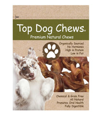 Top Dog Chews pig ear strips packaging emphasizes American-made, natural dog chew option.