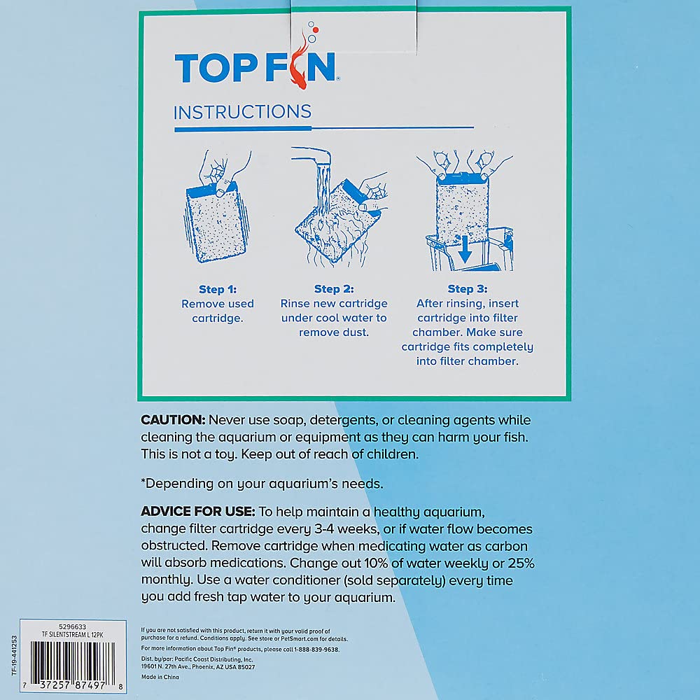 Top Fin Silenstream PF-L cartridge activated-carbon closeup shows carbon filtration for cleaner water