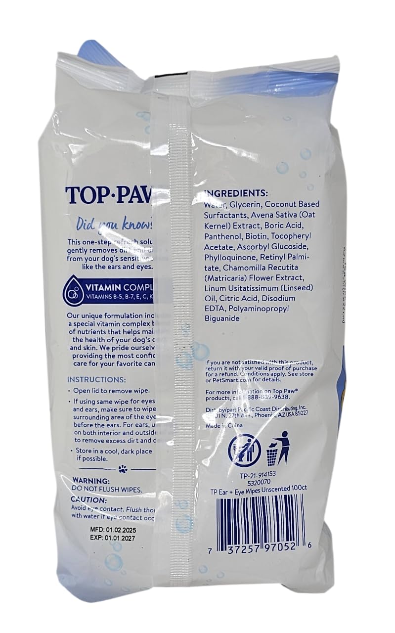 TOP PAW ear and eye wipes 100-count package offers great value for frequent care.