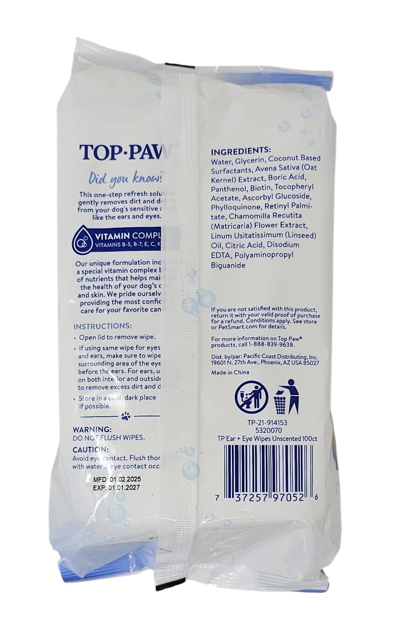 TOP PAW ear and eye wipes pop-top dispenser demonstrates easy, mess-free cleaning.