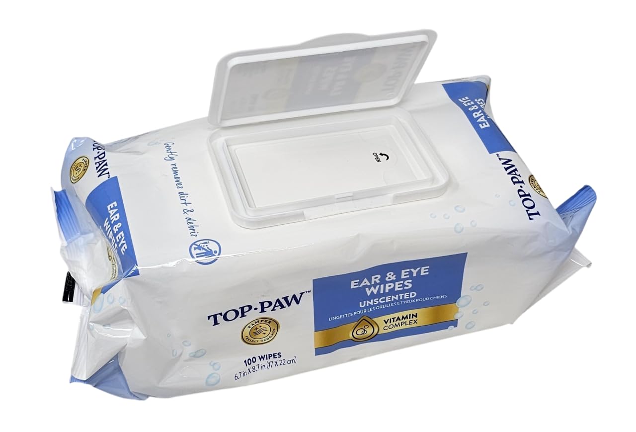 TOP PAW ear and eye wipes close-up shows soft texture for gentle cleansing.