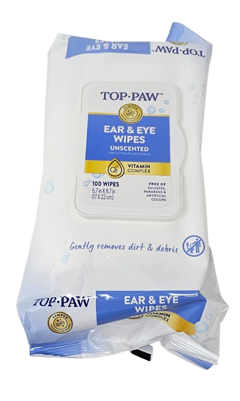 TOP PAW ear and eye wipes unscented packaging view, ideal for busy dog grooming at home.