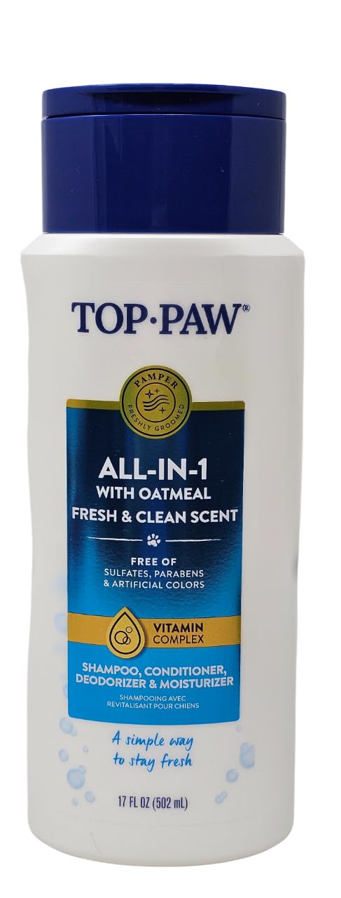 Top Paw flip-top bottle demonstrates one-handed control for convenient dog baths.