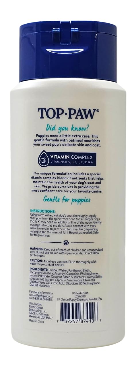 Top Paw puppy shampoo in bathroom scene highlighting sulfate-free formula.