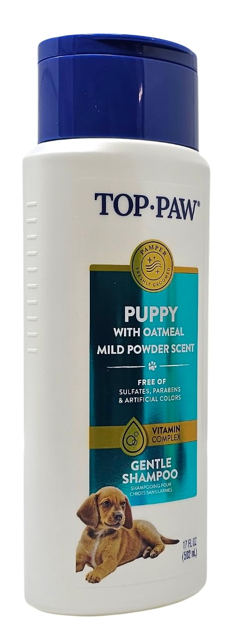 Top Paw puppy oatmeal shampoo with foamy lather for refreshing bath time.