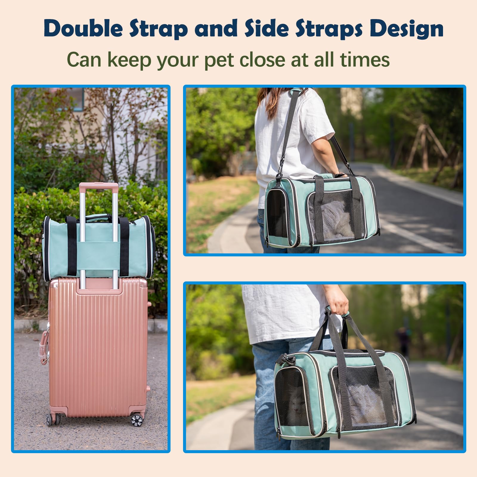 Top tasta double-strap-design supports hands-free carrying on trains and planes