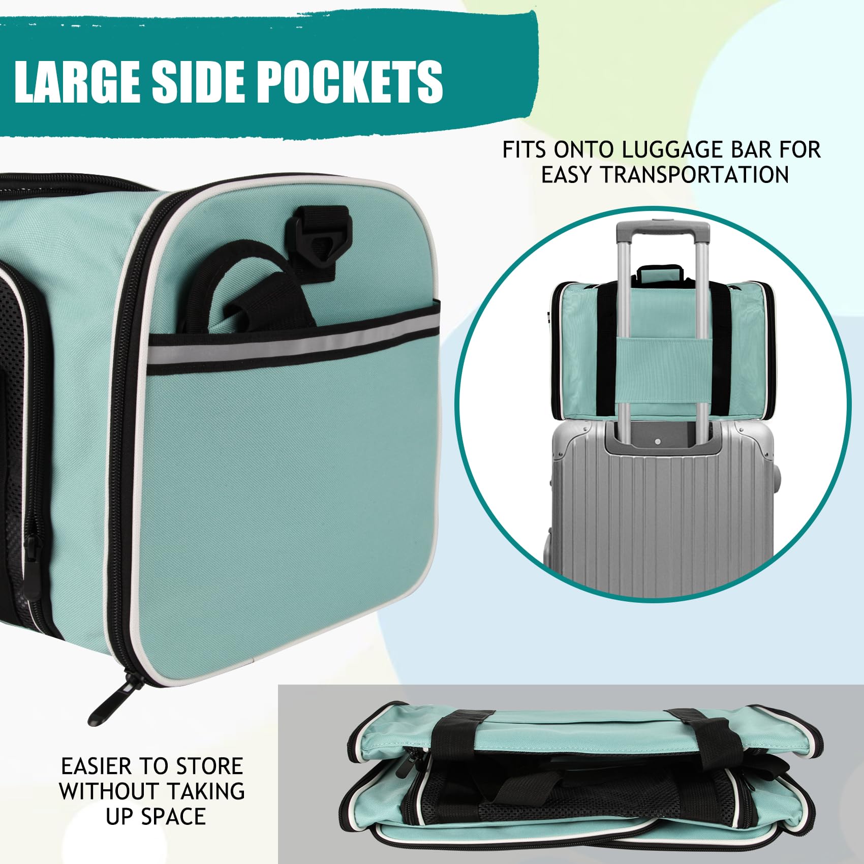 Top tasta dog-cat carrier includes removable plush mat for comfort.