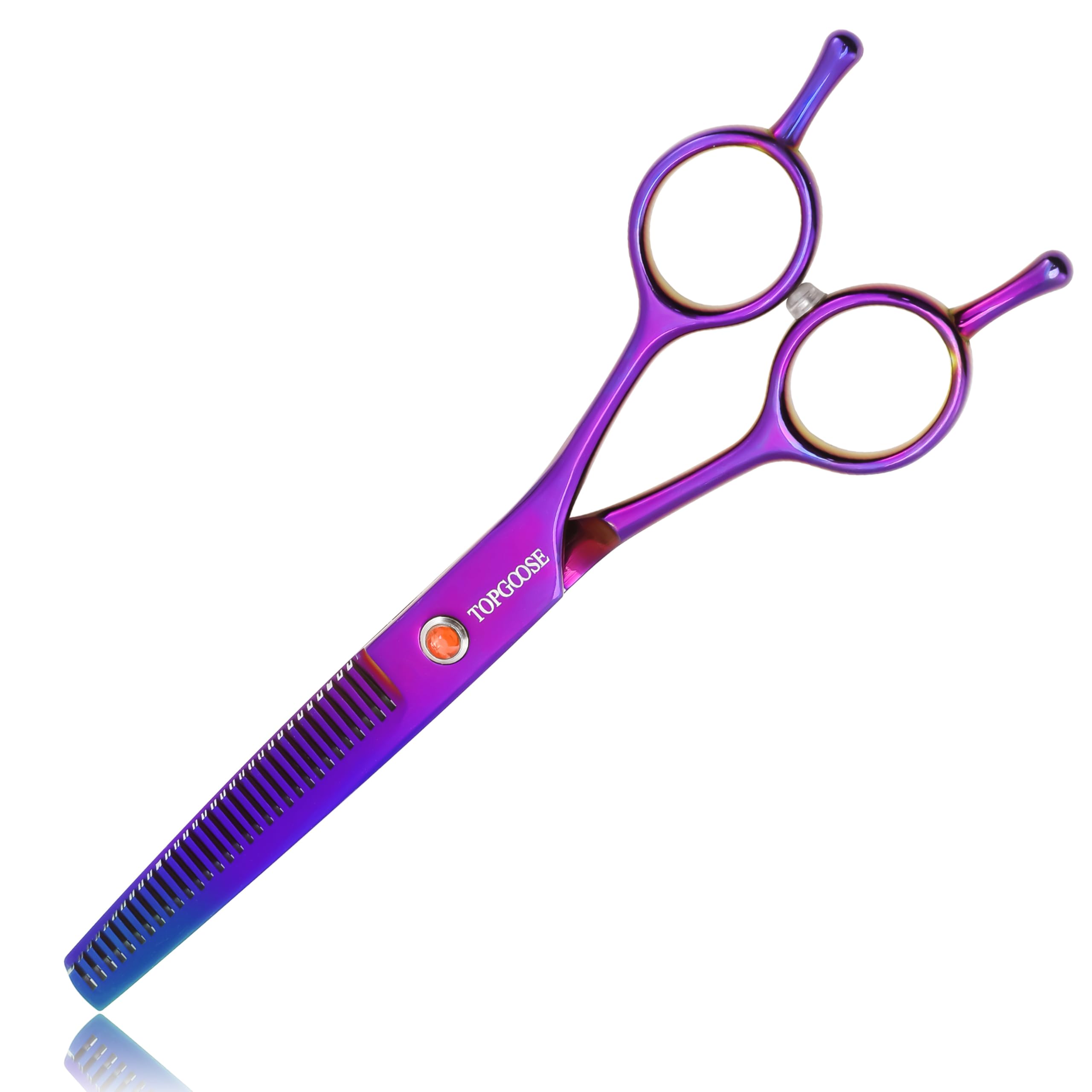 TOPGOOSE thinning shear with purple handle offers an ergonomic grip for comfortable grooming.