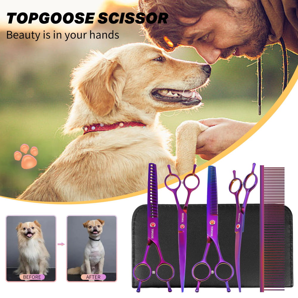 TOPGOOSE curved dog grooming scissors for precise trimming around ears and eyes.