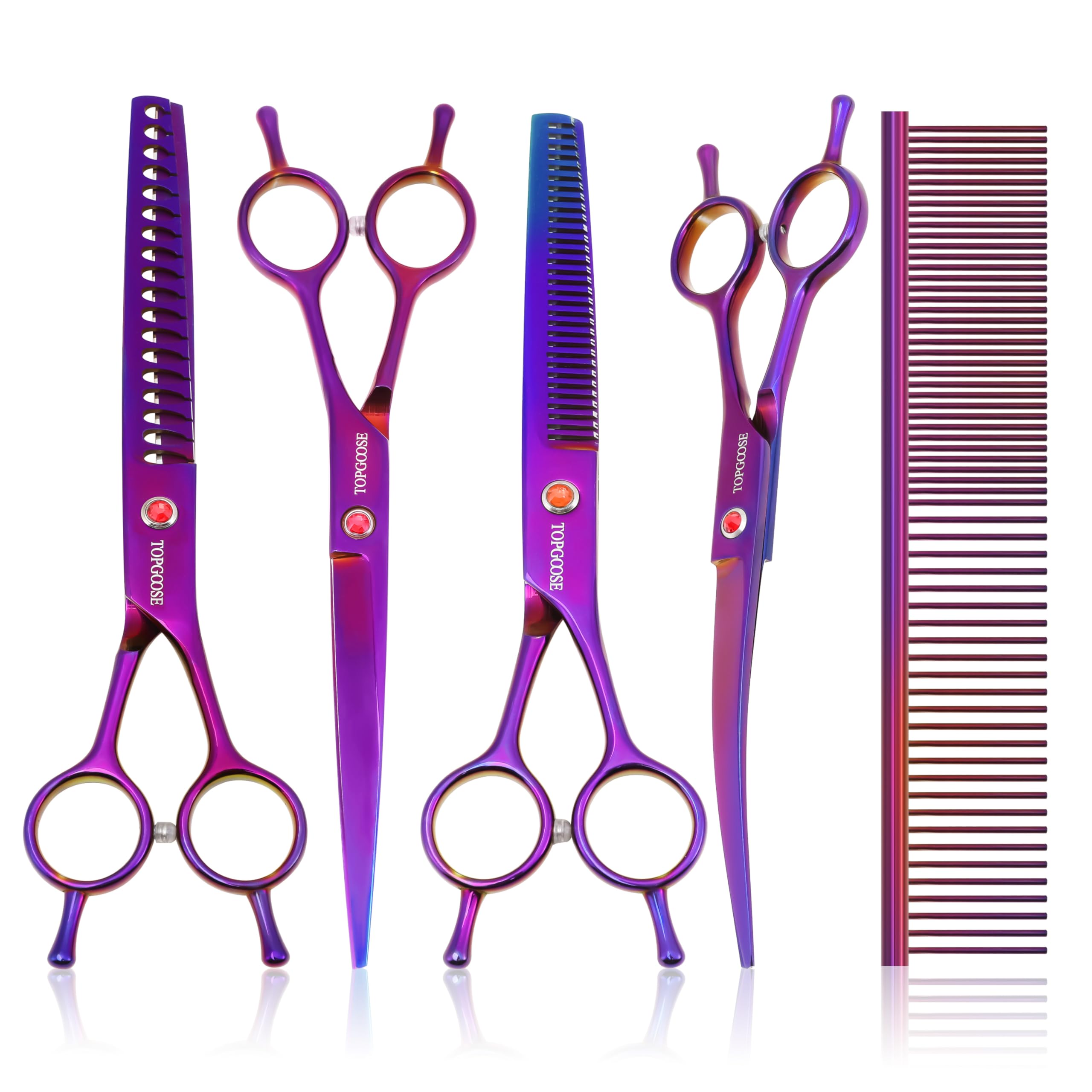 TOPGOOSE dog grooming scissors kit purple, a versatile 6-in-1 set for pets.