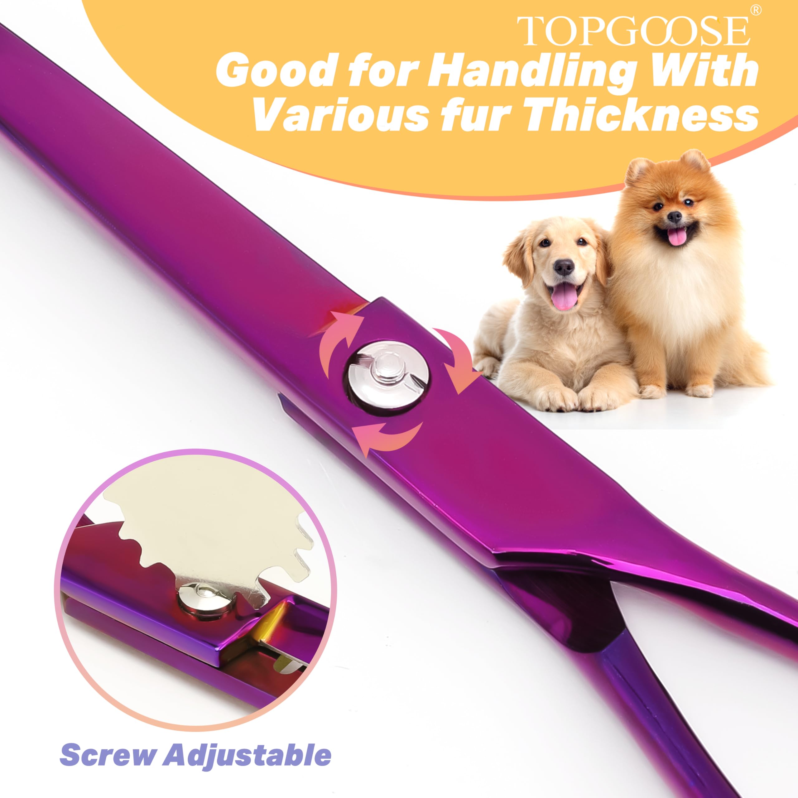 TOPGOOSE purple-coated stainless steel scissor highlights anti-rust durability for frequent use.