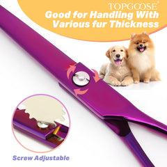 TOPGOOSE purple-coated stainless steel scissor highlights anti-rust durability for frequent use.