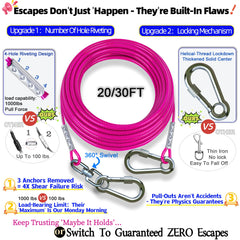 TOPKNOT 30ft dog cable closeup shows rugged stainless durability for reliable yard use.