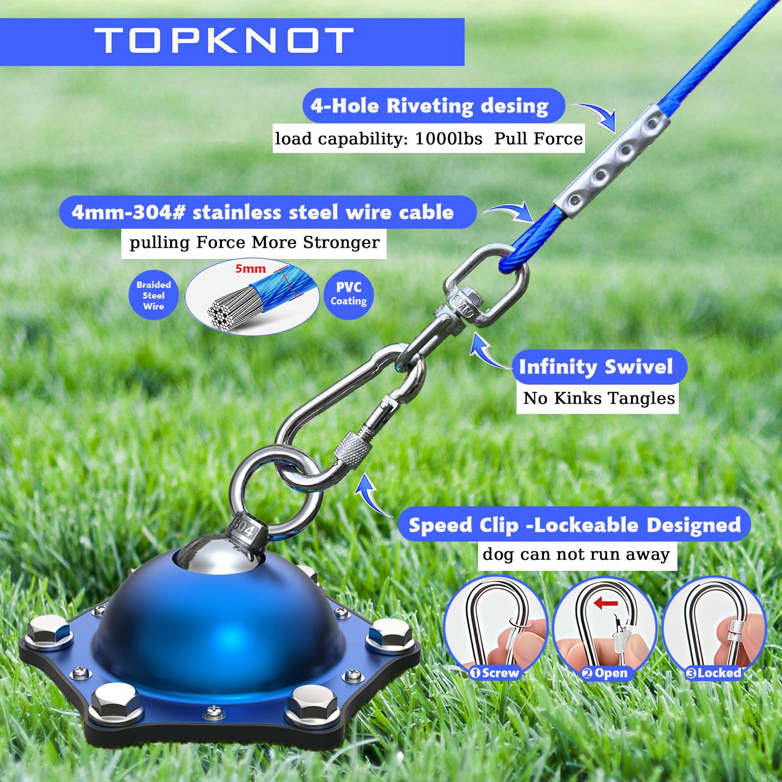 TOPKNOT 360-degree swivel dog run shows tangle-free motion in outdoor space