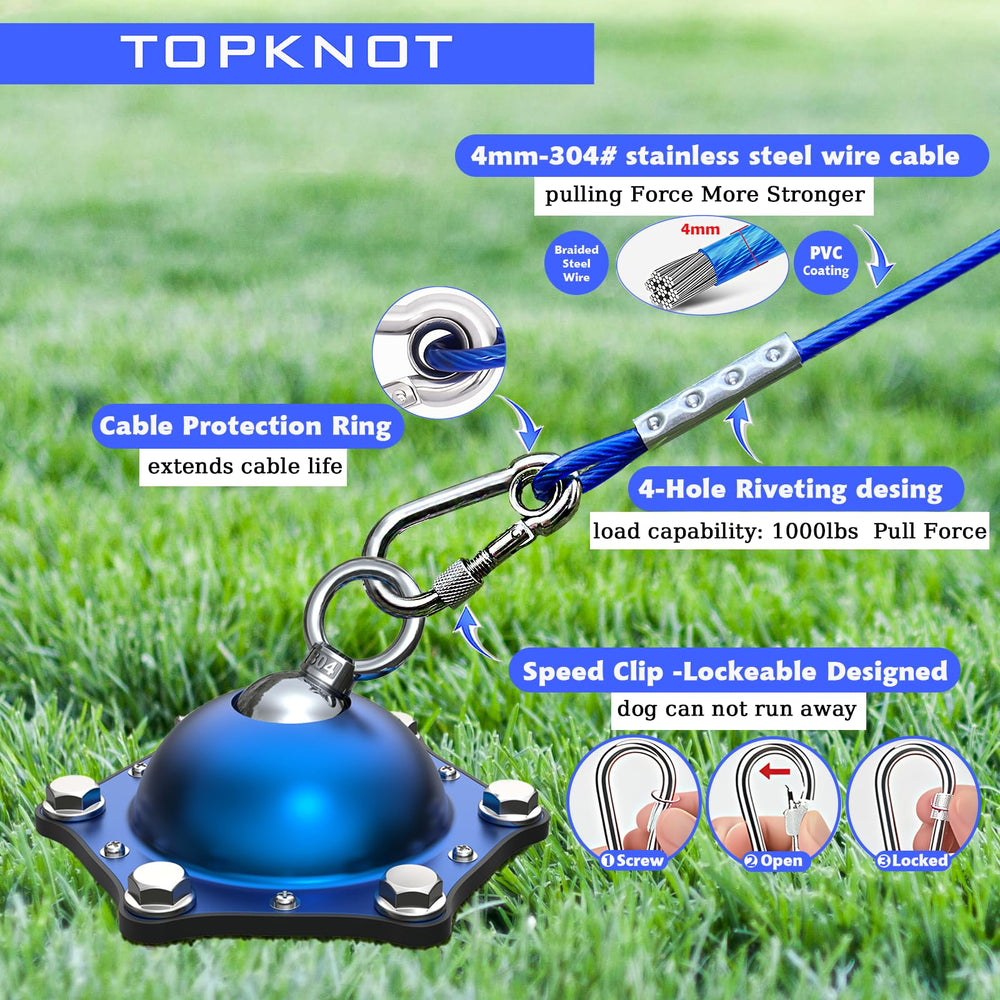 TOPKNOT dog run package includes stake, screws, and 30 ft cable.