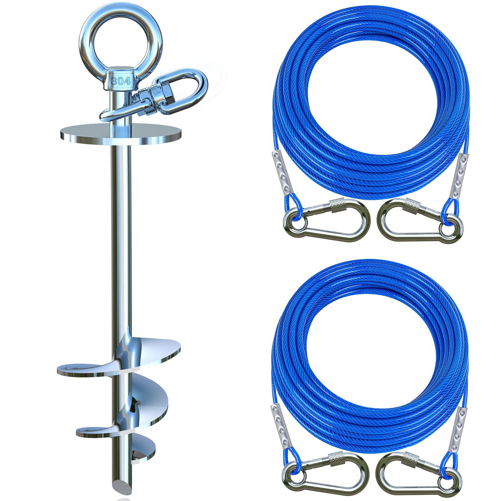 TOPKNOT dog tie-out cable and stake assembly demonstrates easy yard setup.