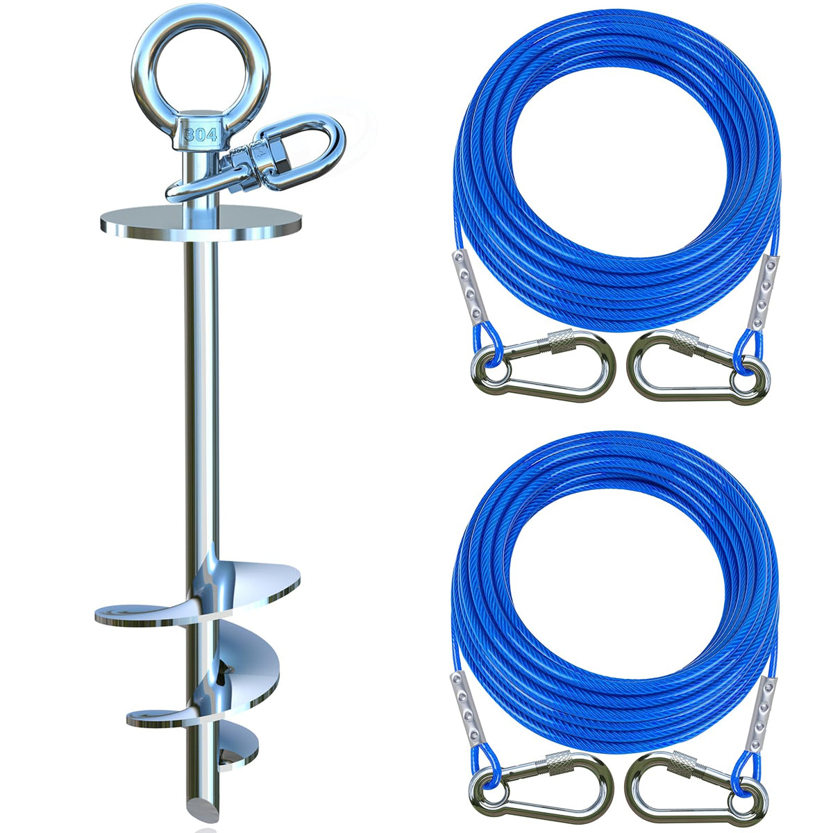 TOPKNOT dog tie-out cable and stake assembly demonstrates easy yard setup.