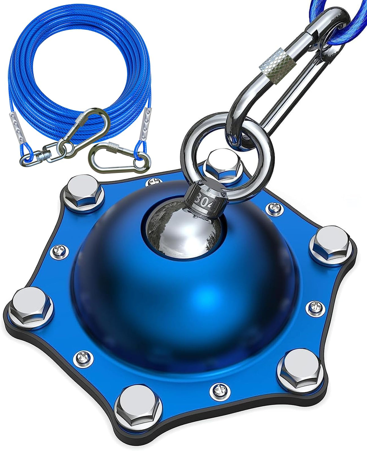 TOPKNOT dog tie-out stake base shows durable aluminum for stable yard anchoring.