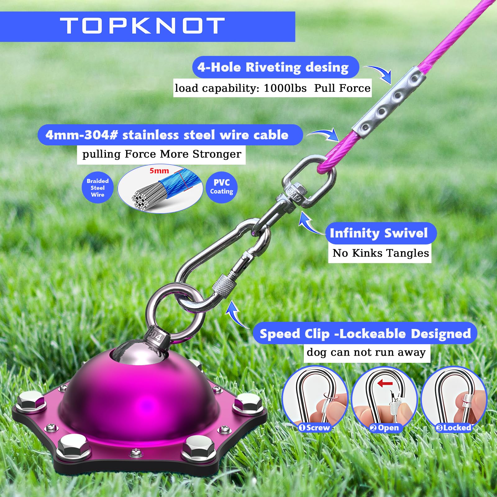 TOPKNOT heavy-duty materials photo shows 200-lb testing confidence.