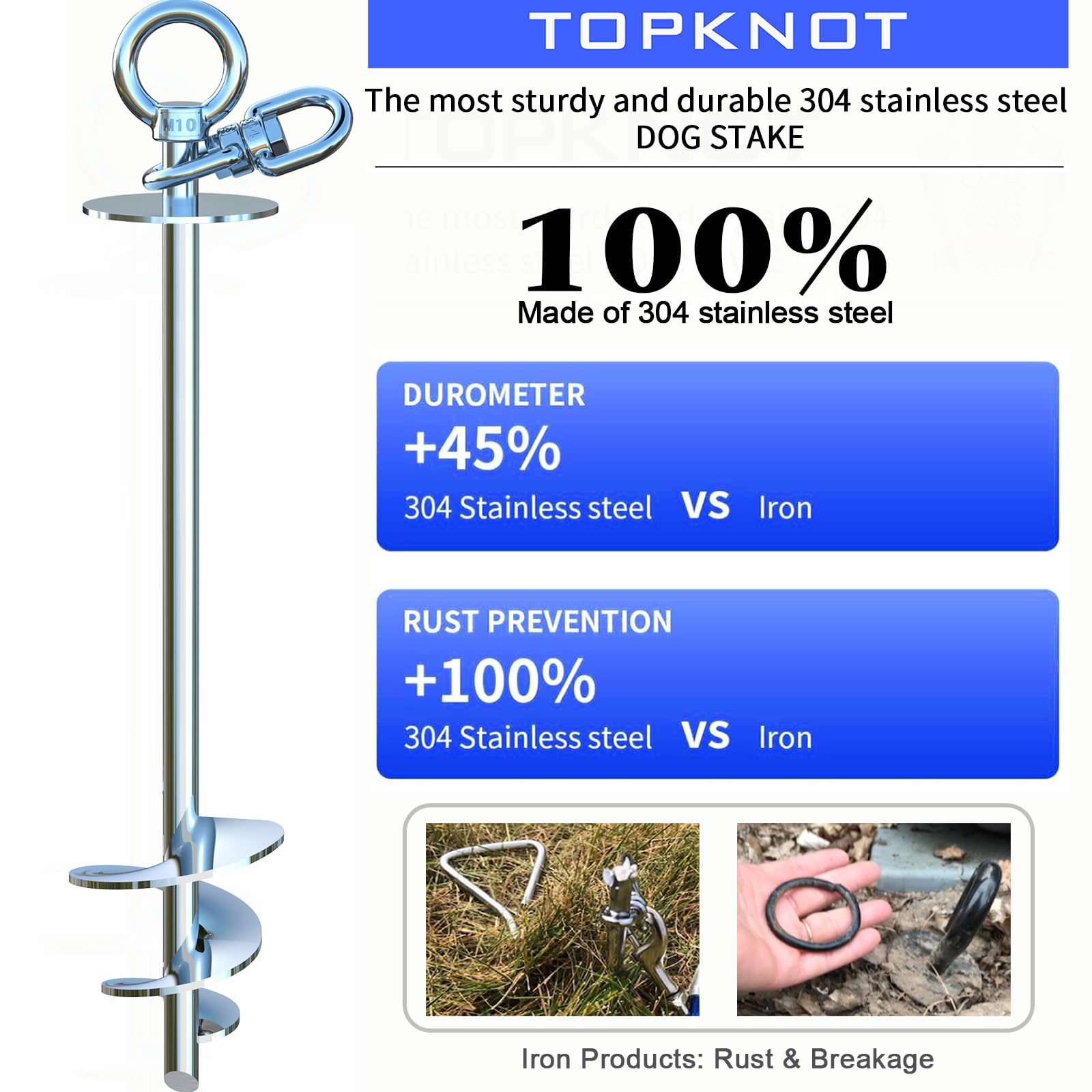 TopKNOT heavy-duty stake 304 stainless steel securing a yard anchor.