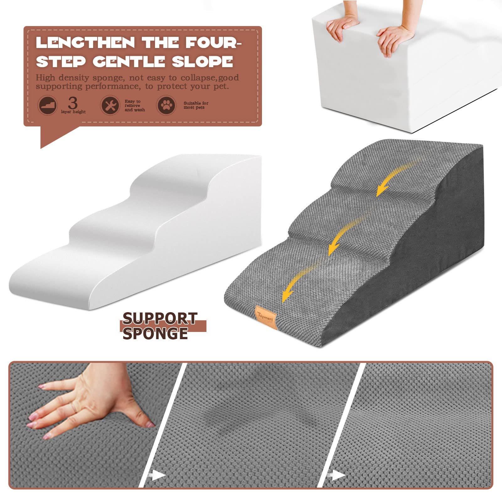Topmart 3-tier dog stairs side view demonstrates wide non-slip steps