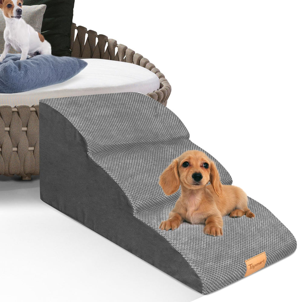 Topmart dog ramp 3-tiers foam closeup highlights high-density foam for joint-friendly support
