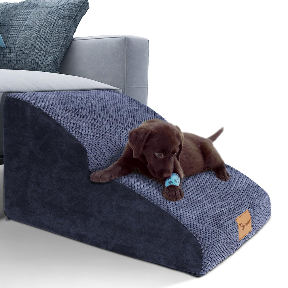 Topmart dog ramp extended-foam shows two-tier design for easier climbs and reduced joint strain.