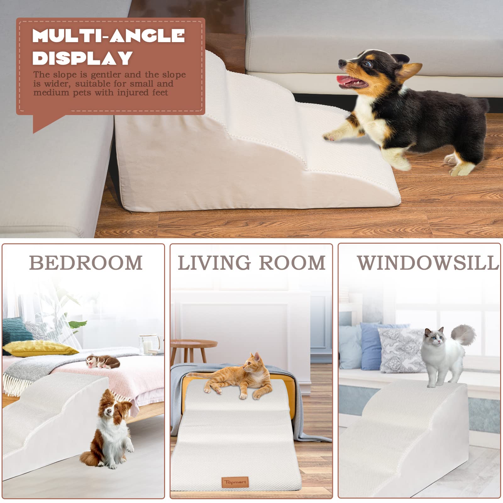 Topmart dog stairs in use by an older dog on a sofa.