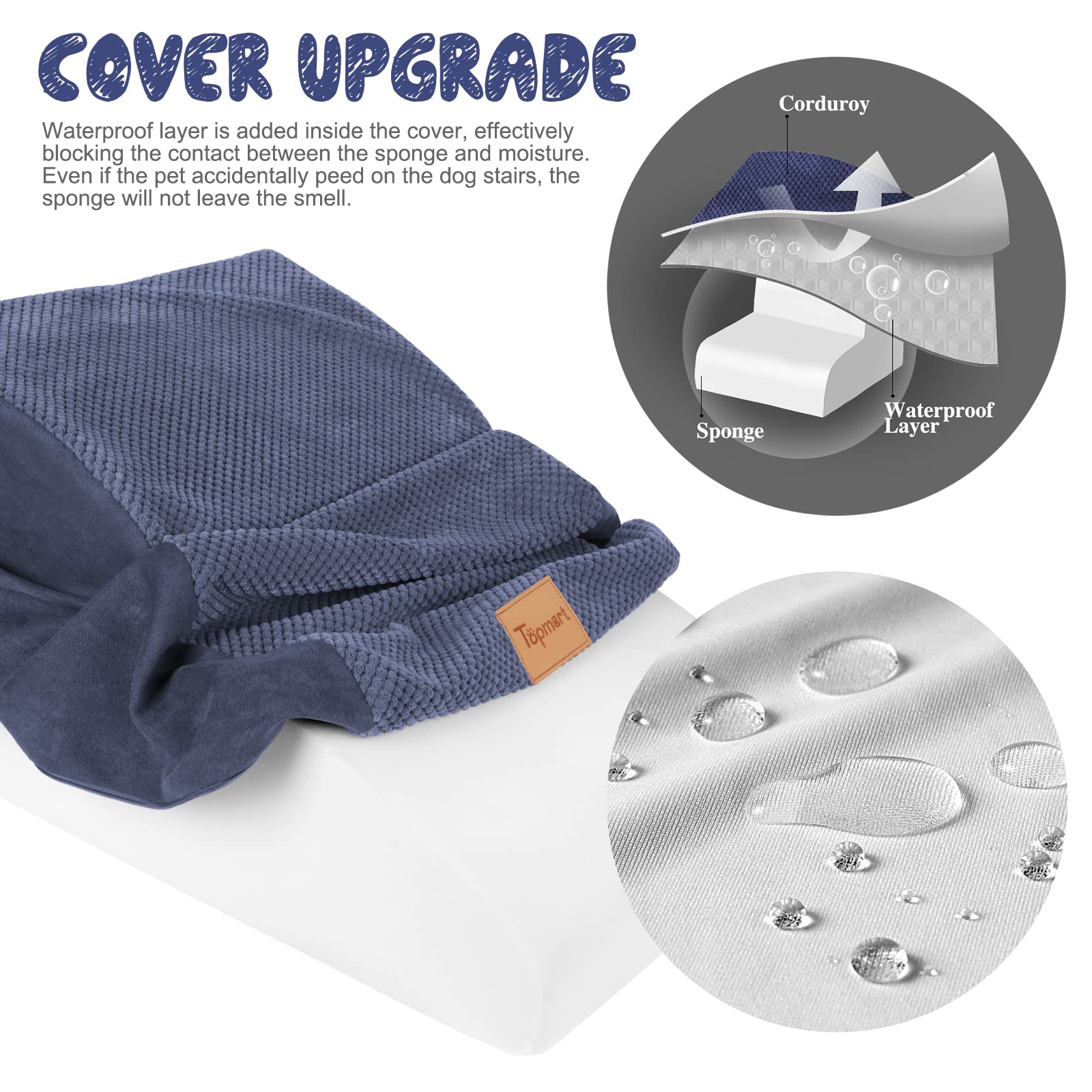 Topmart foam pet ladder cover highlights a soft surface with waterproof protection against spills.