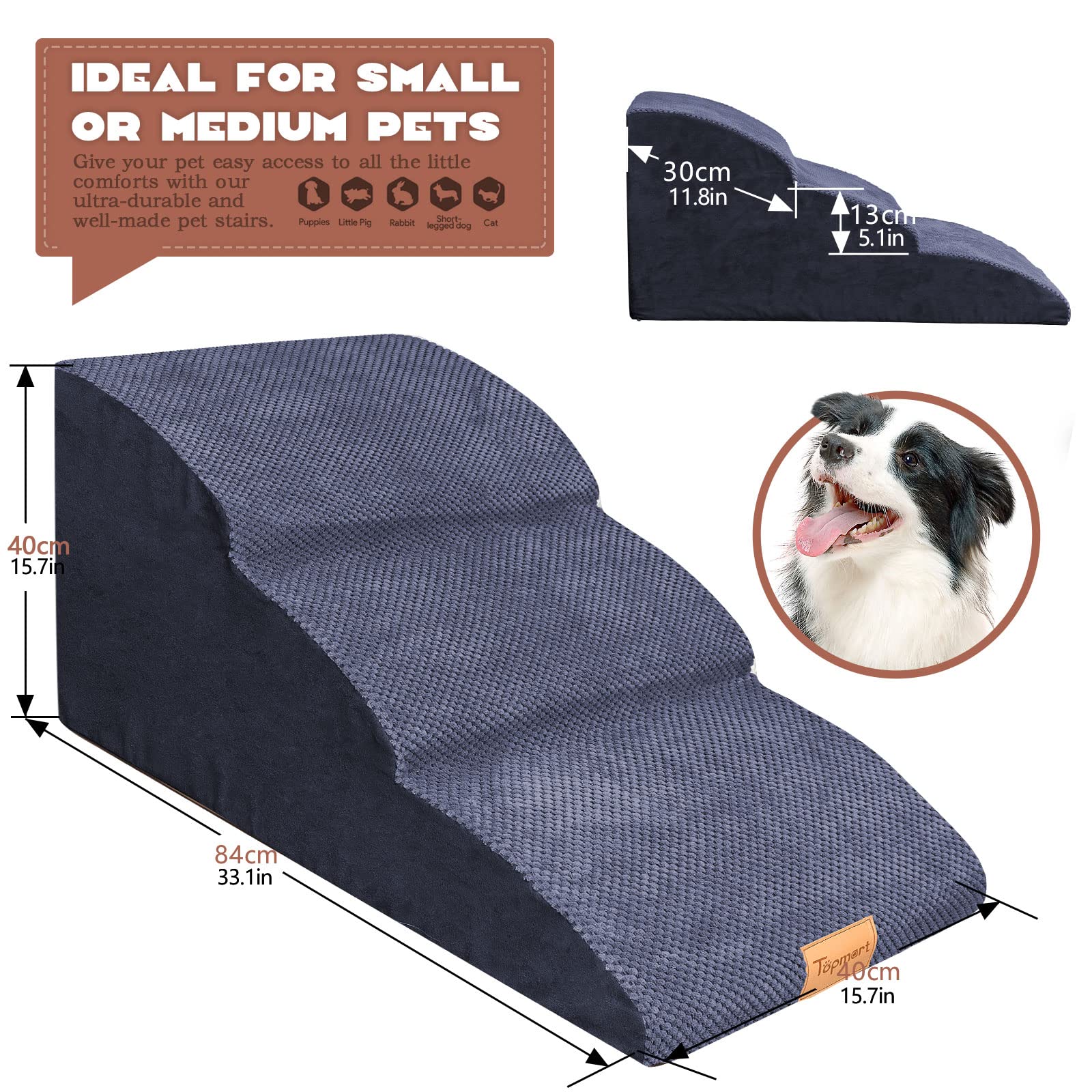 Topmart high-density extended foam dog ramp side view highlights three-tier design for aging pets.