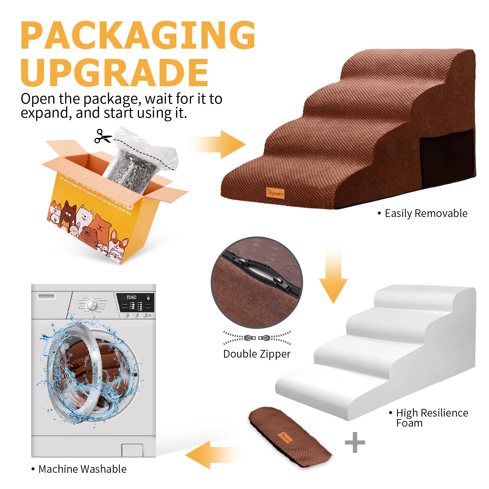 Topmart wider foam dog steps close-up of brown machine-washable cover