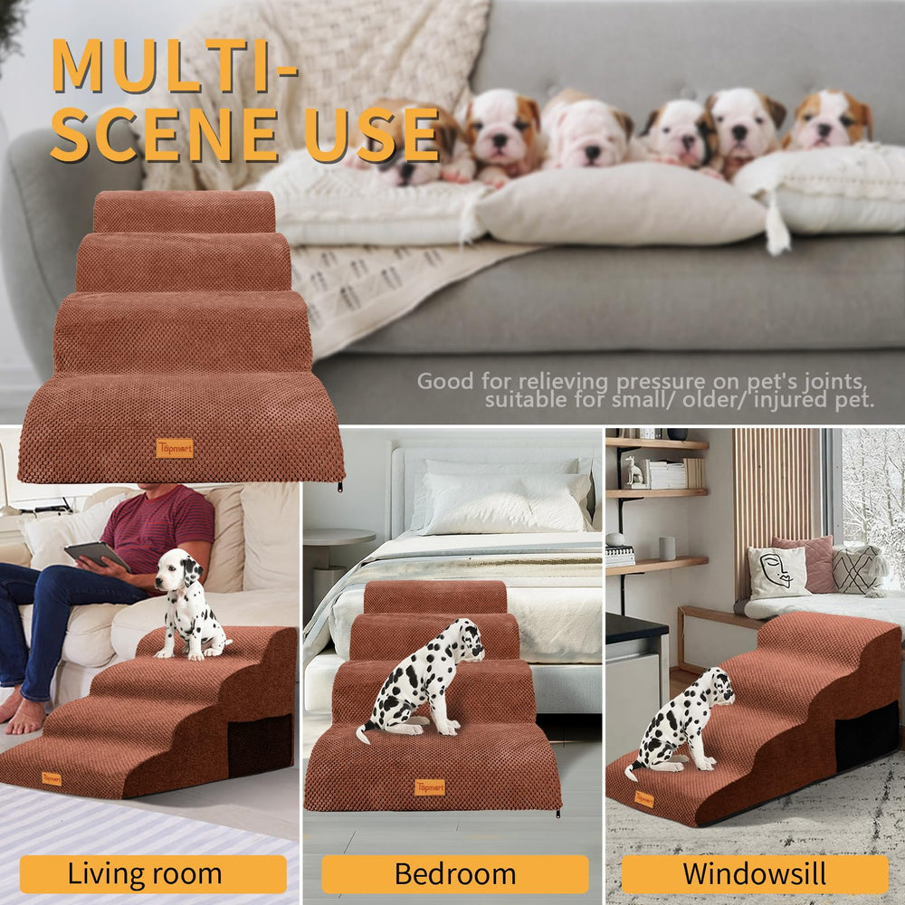 Topmart wider foam dog steps indoors demonstrating space-saving design for home use
