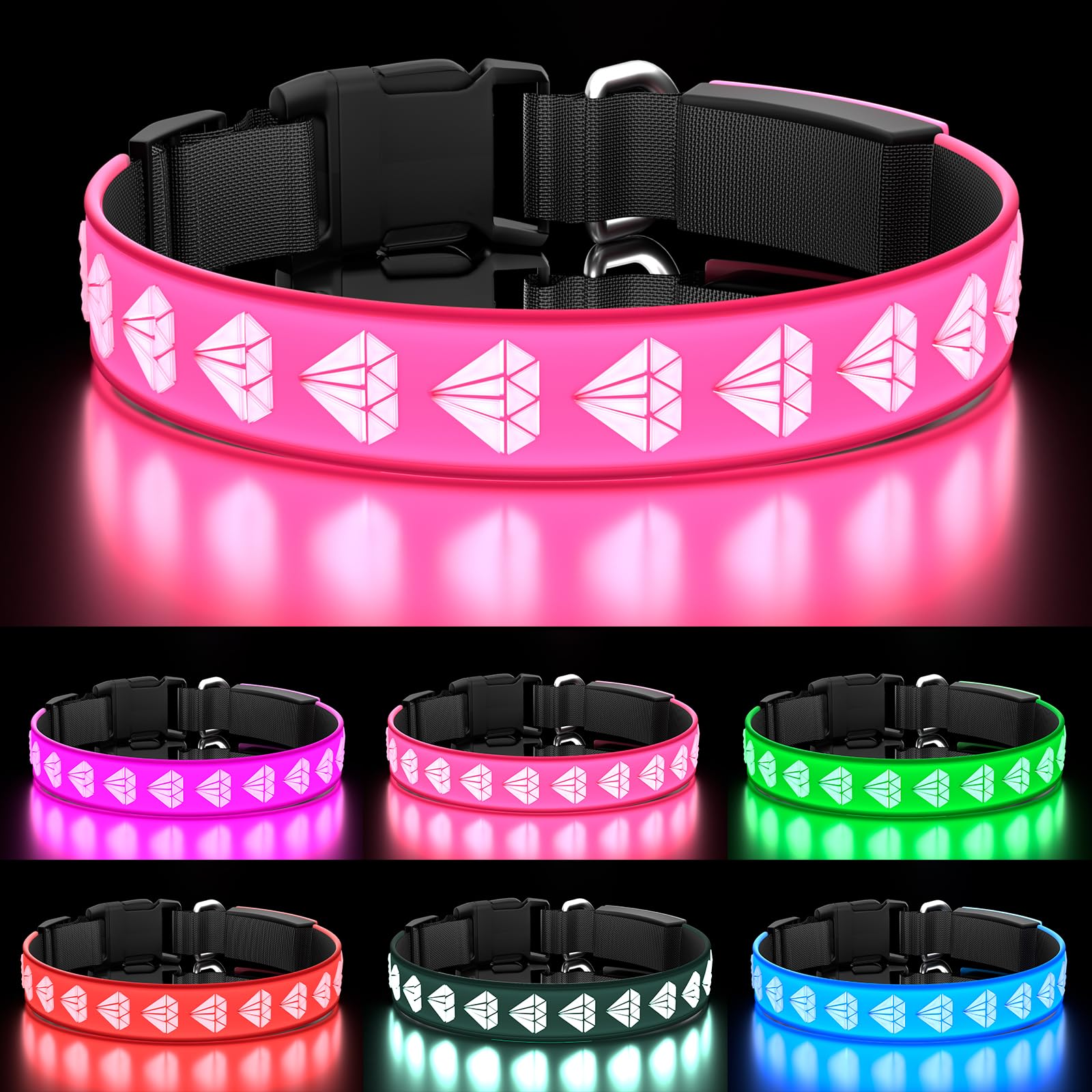 Topoto light dog collar pink 3D diamond pattern boosts night visibility for safe walks