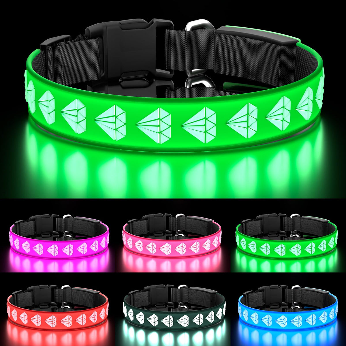 TOPOTO light up dog collar green front view with bright LEDs for safer night walks.
