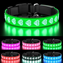 TOPOTO light up dog collar green front view with bright LEDs for safer night walks.